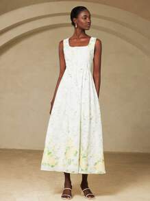 Aveloria Rosie Romantic Minimalist Wide Strap Square Neck Fully Embroidered Print Fitted Flare Hem Dress For Women