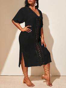 Swim Lushoire Plus Size Women V-Neck Hollow Shell Trim Short Sleeve Cover-Up Cover Up For Summer Beach Vacation - Black - View 4
