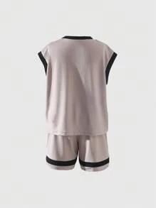 Genkimix Kids Boys Casual Sports Set: Loose Drop Shoulder Color Block Letter Print Vest And Elastic Waist Basketball Shorts, Perfect For Daily Sporty Outfits
