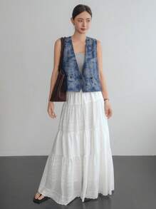 Dazy-Less 女式夏季复古印花吊带背心上衣，V 领花卉刺绣休闲办公室无袖牛仔衬衫 - 淺色水洗藍 - 查看 7