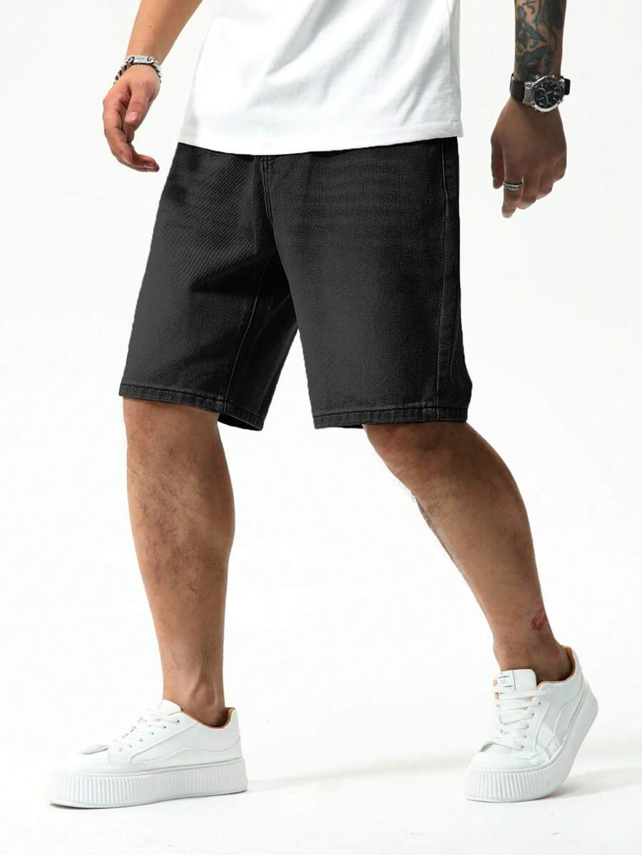 Manfinity Hypemode Quần short denim cài nút thời trang dành cho nam, thích hợp mặc hàng ngày vào mùa hè Quần short jean đen nam - màu đen - Xem 1