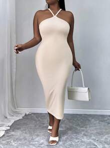 INAWLY Plus Solid Bodycon Sleeveless Dress For Summer - Beige - View 6