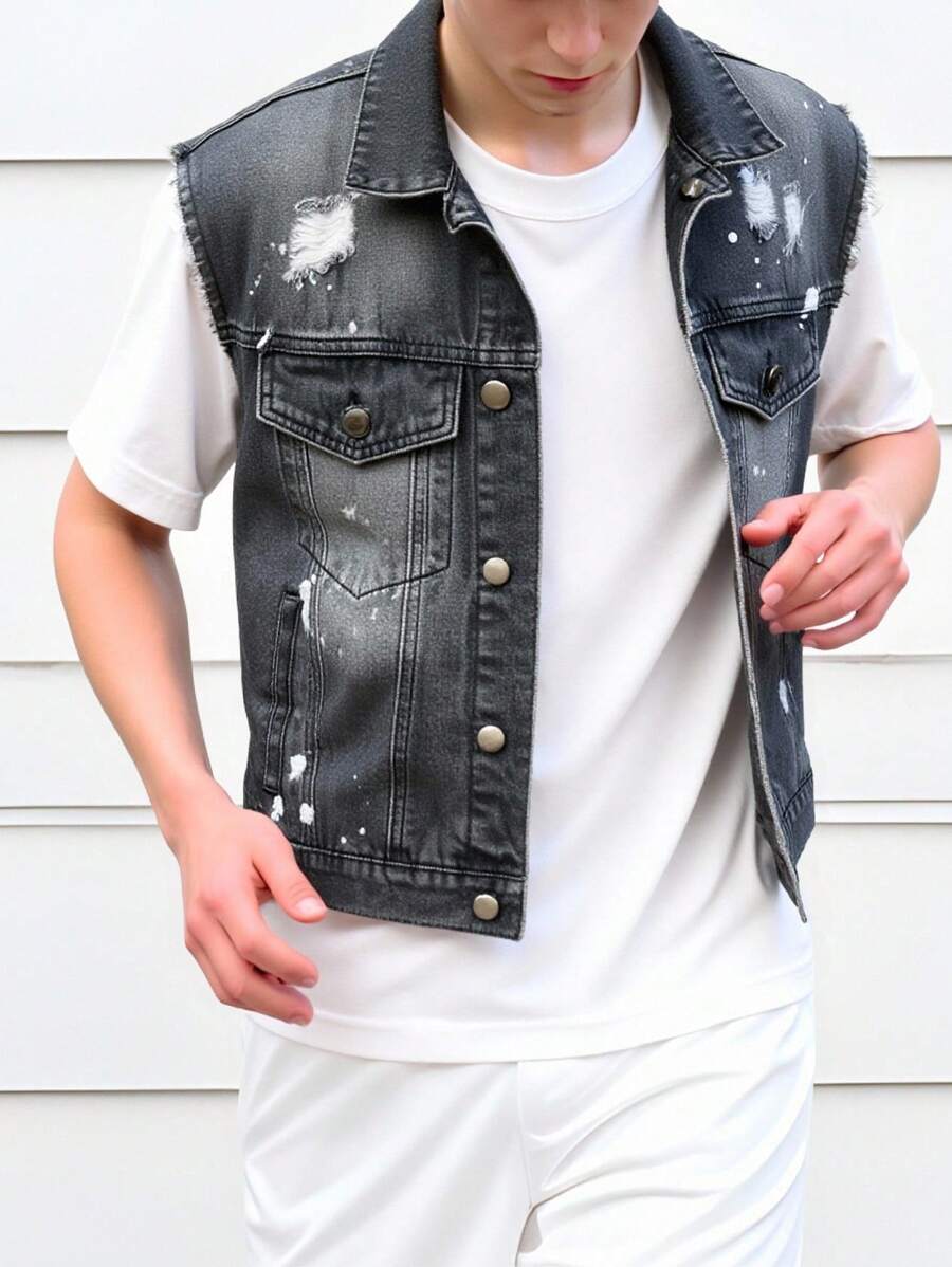 休闲时尚酷炫青少年男孩牛仔背心和夹克外套套装