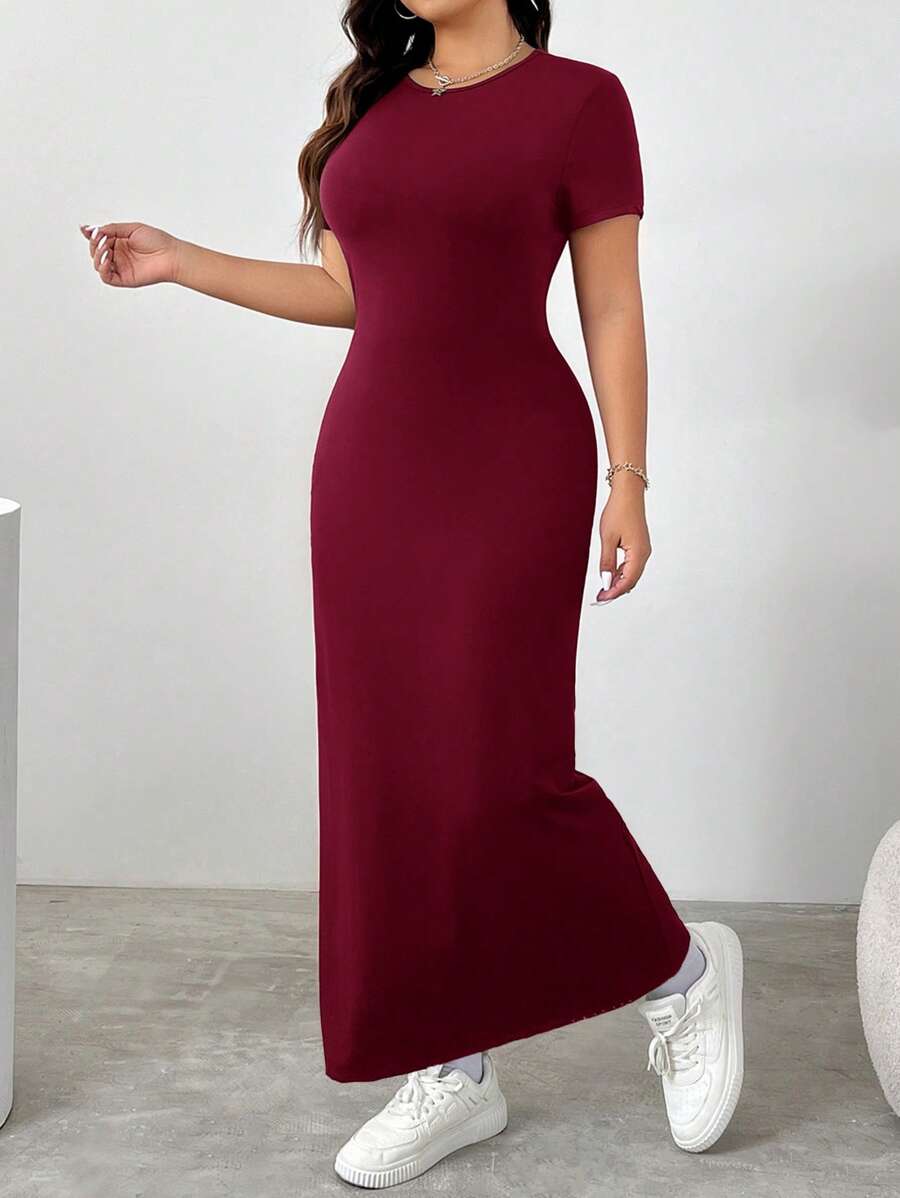 SHEIN EZwear 夏季大码优雅纯色修身连衣裙 - 酒紅色 - 查看 1
