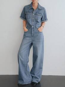 Dazy-Less Bộ đồ liền thân denim công sở rộng rãi, thoải mái, giặt sạch, có túi lớn, phù hợp cho mùa xuân, hè, thu, quần áo trở lại trường - Rửa trung bình - Xem 3