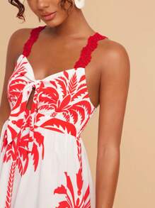 Travachic Robe Nuisette Avec Chaîne D'Accent À Lacets Sur Le Dos, Imprimé Plante Tropicale Ajourée, Style Vacances Pour Femmes - Multicolore - Voir 3