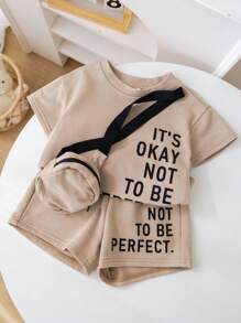 男婴女婴 3 件套休闲街头运动风格宽松落肩圆领卡其色短袖运动衫、卡其色运动短裤和斜挎包，适合春夏秋季 - 卡其色 - 查看 4