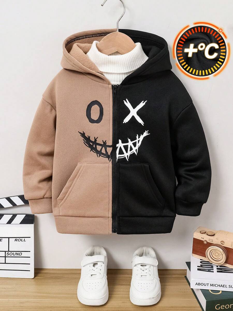 1件装 男童休闲可爱日常舒适百搭笑脸印花卡其色和黑色拼接宽松连帽长袖拉链卫衣，适合外出、上学、日常聚会、秋冬季节穿着。 - 彩色 - 查看 1