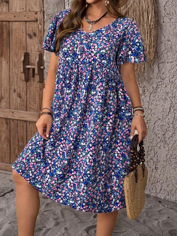 EMERY ROSE Plus Size Women's Round Neck Short Sleeve Ruffle Sleeve Ditsy Floral Dress Floral Summer Dress Women Short Sleeve Summer Dress Midi Summer Dress Women Vacation Dress Wildflower Dress,Holiday Outfits For Women