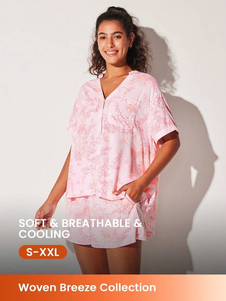 Conjunto de pijama informal de pantalón corto y blusa de manga corta con botones y estampado floral en tela de rayón suave, ideal para vacaciones. Conjunto de ropa interior tipo bóxer para novia, perfecto para primavera y verano.