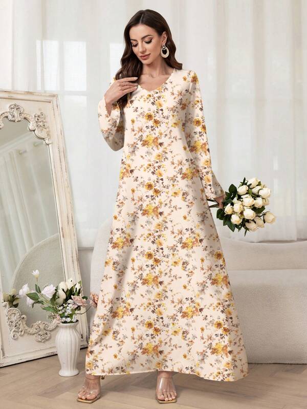 Al Najma Rochie elegantă pentru femei, în stil arab, cu imprimeu floral integral