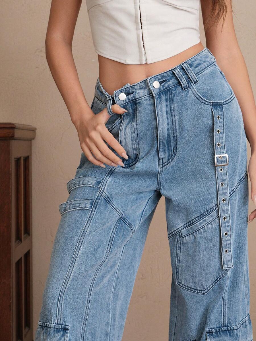 Savoree Retro Fashion Women's Flare Denim Cargo Pants - Blue - View 1