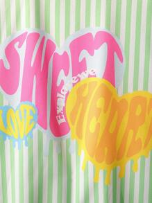 女孩条纹衬衫+心形印花图案百搭设计+酷炫甜美街头风衬衫 - 綠色 - 查看 3