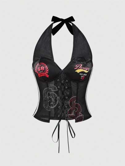 Grunge Punk Sujetador deportivo tipo top corto con estampado de letras y cordón