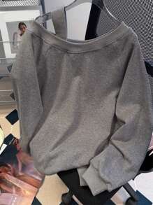 SHEIN Felpa con cappuccio da donna a tinta unita, maniche a buco, casual, ampia, con collo asimmetrico