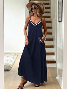 Easowa Women's Solid Color Stretch Knit Contrast Ribbon Casual Holiday Maxi Slip Dress, Spring/Summer,Bohemia - Navy Blue - View 4