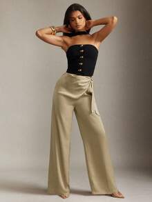 Hauture Old Money Sexy Business Casual Khaki Satin Front Wrap Wide Leg Pants For Women – Elegant High Waisted Trousers, Minimalist Chic Office Workwear, Professional Dress Pants, Fashion Statement Outfit