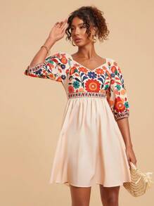 Travachic 夏季女式热带花卉印花褶饰腰迷你连衣裙，度假/休闲 - 彩色 - 查看 4