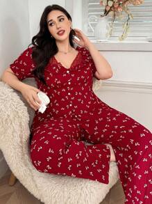 SHEIN Plus Size Ruffled Collar Lace Patchwork Bow Print Pajama Set Short Sleeve Top And Long Pants - Red - View 1
