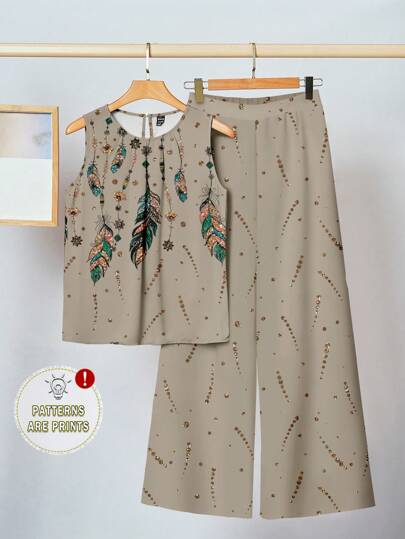 SHEIN Clasi 2 件套女士休闲简约仿羽毛图案服装，适合夏季度假、海滩、派对