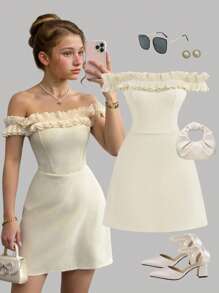 Girlism Teen Girls Apricot Color Is Elegant And Sweet Off-Shoulder Cut Out Short Mini Dress,Suitable For Spring, Summer, Autumn And Winter, Can Be Matched, Parties, Dances, Gatherings Ivory Dress Teen Teen Dress Ruffle Cream Dress For Teen Off The Shoulder Dress Teen White Dress For Teen Ivory Dress Girls Teen Dresses Ruffle Off The Shoulder Dress Teens White Ruffle Dress Teens