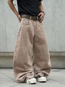 Claim Dot Men's Casual Everyday Distressed Slant Pockets Street-Style Wide Leg Denim Jeans - Coffee Brown - View 2