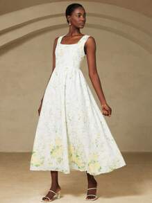 Aveloria Rosie Romantic Minimalist Wide Strap Square Neck Fully Embroidered Print Fitted Flare Hem Dress For Women