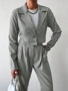 Blazer crop de cuello con solapa & Pantalones con fruncido - Gris - Ver 4