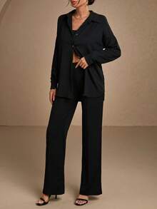 EURMUSE Set da 3 pezzi per donne: giacca monopetto a maniche lunghe a spalla cadente e pantaloni tinta unita, casual - nero - Visualizzare 3