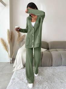 EURMUSE Của phụ nữ Đơn sắc Có nút Áo len Mở Áo len Và Quần , Bộ - Màu xanh Bạc hà - Xem 3