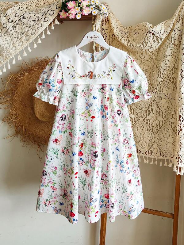 SHEIN Vintaside Kids Girls Summer Embroidered Turndown Collar Short Sleeve Casual Fashionable Digital Printed Dress, Suitable For Daily Wear During Summer Home Leisure Time Or Outdoor Shopping