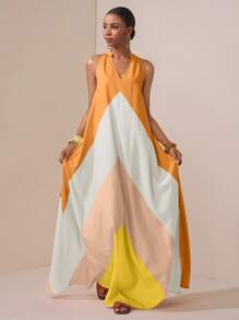 Zivah 2025 Summer New Music Festival Easter Mother's Day Wedding Season Wedding Party Birthday Party Daily Casual Vacation Cruise Travel Beach Sunbathing Fashionable Streetwear Elegant Commute Business Casual Colorful Striped Stand Collar Loose Pocket Split Contrast Color Women Dress - Multicolor - View 3