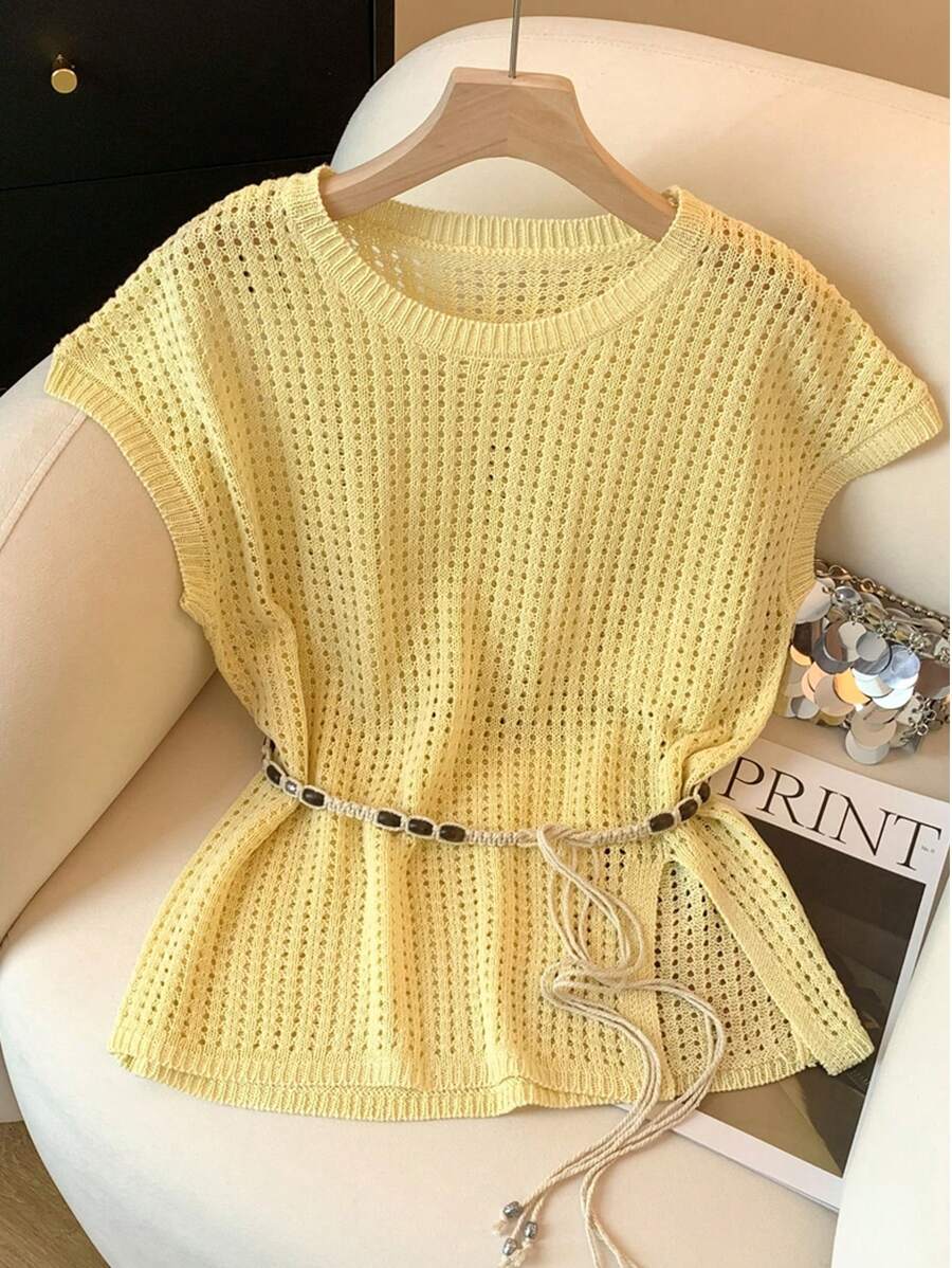 SHEIN Women's Solid Color Scoop Neck Casual Short Sleeve Hollow-Out Knit Top - Apricot - View 1