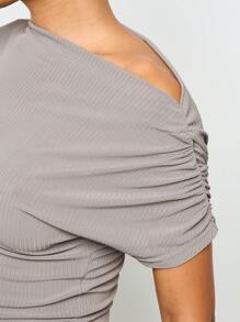 AiiRZ 罗纹不对称套装，带褶饰细节，适合秋冬派对俱乐部场合中长款晚装 - 灰色 - 查看 6