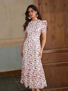 ZEYLAH Short Sleeve Holiday Eyelet Embroidery Long Dress - Red - View 6