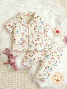2件套柔软舒适100%纯棉新生儿可爱兔子和花朵印花Polo领短袖开衫上衣和图案裤家居服套装 - 杏色 - 查看 1