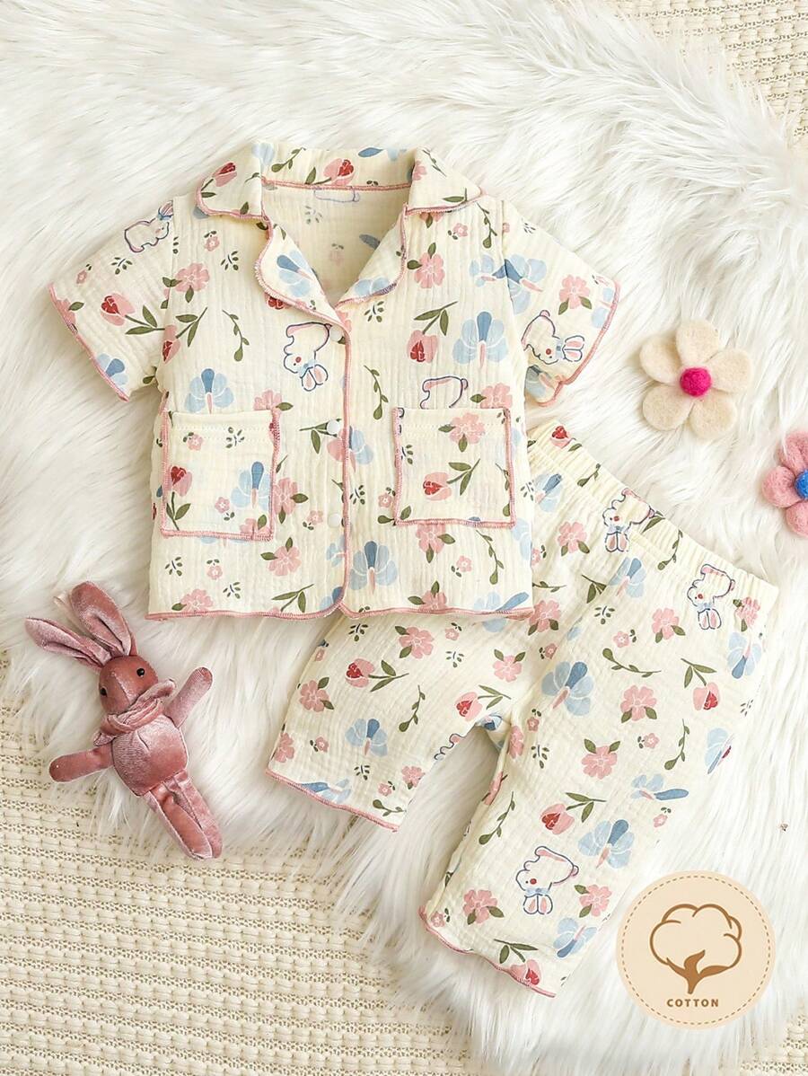 2件套柔软舒适100%纯棉新生儿可爱兔子和花朵印花Polo领短袖开衫上衣和图案裤家居服套装 - 杏色 - 查看 1