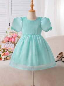 Girls' Princess Dress With Bow, Bubble Sleeves, Suitable For Everyday Commute, Elegant & Casual Wear - Mint Green - View 3