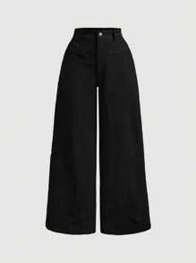 Hourglow Quần nhung kẻ sọc đơn giản cổ điển màu trơn cỡ lớn cho nữ, quần kaki cho nữ, quần ống rộng cho nữ - màu đen - Xem 1