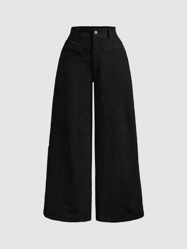 SHEIN MOD Pantalones acanalados vintage simples de unicolor para mujer talla grande, Pantalones de mujer color caqui, Pantalones anchos de mujer
