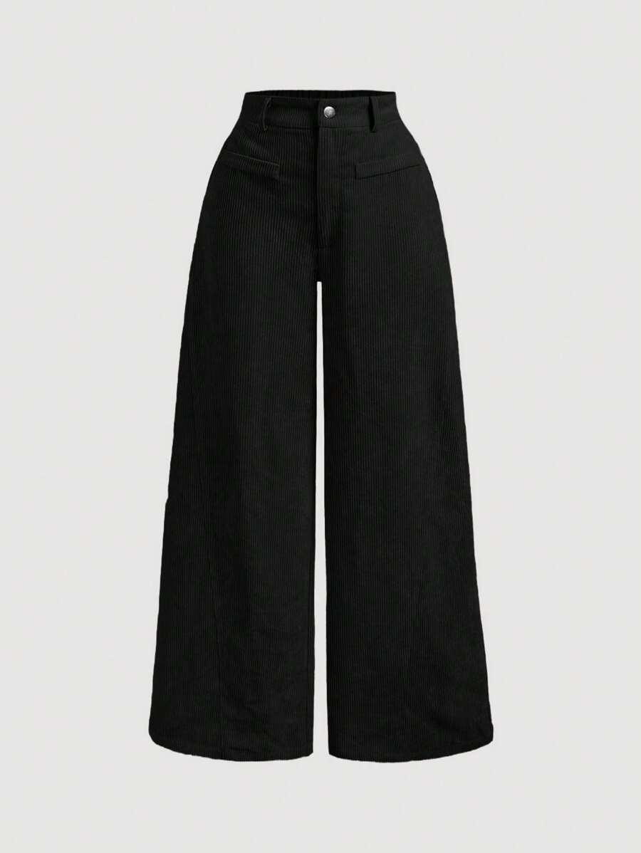 Hourglow Quần nhung kẻ sọc đơn giản cổ điển màu trơn cỡ lớn cho nữ, quần kaki cho nữ, quần ống rộng cho nữ - màu đen - Xem 1