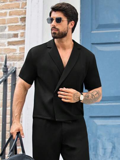 Manfinity VCAY Set de 2 camisas casuales holgadas para hombre con hombros caídos, abotonadura oblicua y mangas cortas