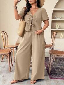 Weeklong Conjunto informal de 2 piezas de talla grande con top de manga corta y pantalones de unicolor holgado para mujer, conjunto de verano informal de 2 piezas, conjunto de salón de 2 piezas para mujer de talla grande - Caqui - Ver 4