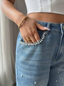 Elenzga Damen Jeans mit mittlerer Leibhöhe, gerader Beinform, Stickerei- und Strass-Verzierung