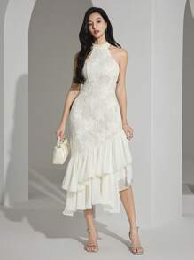 Heiryn Women's Elegant Jacquard Patchwork Ruffle Hem Halter Midi Dress - Apricot - View 6