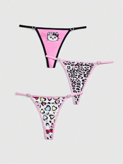 Kawaii 3-Pack Kawaii Kitty & Leopard Print Heart Crystal Decorated Women Thong Panties