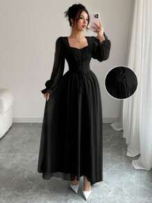 Modelyn 女士纯色优雅法式高腰长袖连衣裙 - 黑色 - 查看 3