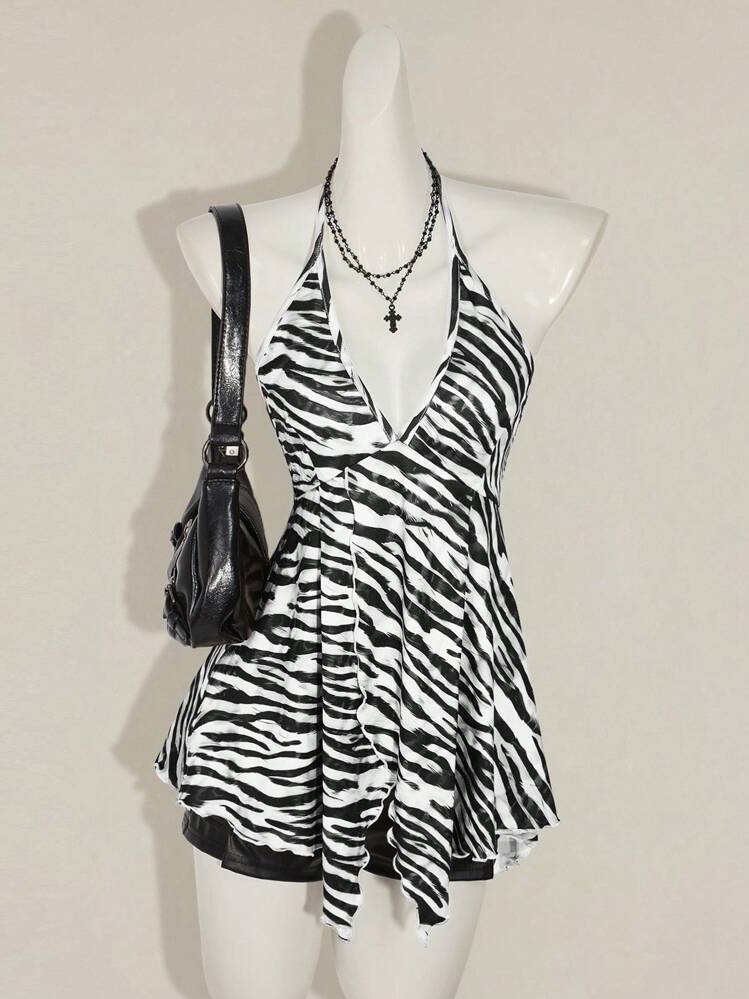 SHEIN ICON Women's Summer Zebra Print Ruffled Hem Sexy Halter Neck Tank Top | SHEIN USA