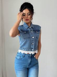 Elenzga Fashionable Elegant Ruffle Hem Sleeveless Denim Jacket - Light Wash - View 3