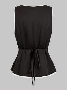 SHEIN PETITE 女款春夏优雅黑白撞色单排扣背心衬衫+女款春夏优雅黑色侧扣设计直筒裤 - 黑色 - 查看 3